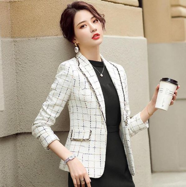 

spring autumn classic vintage plaid business work suits ladies office long sleeve slim blazer s594, White;black