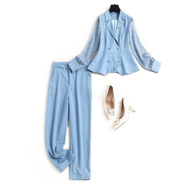 

women plus size xxxl black blazer suit spring summer 2021 lace sleeve double breasted blazers and pants office two piece outfits, White