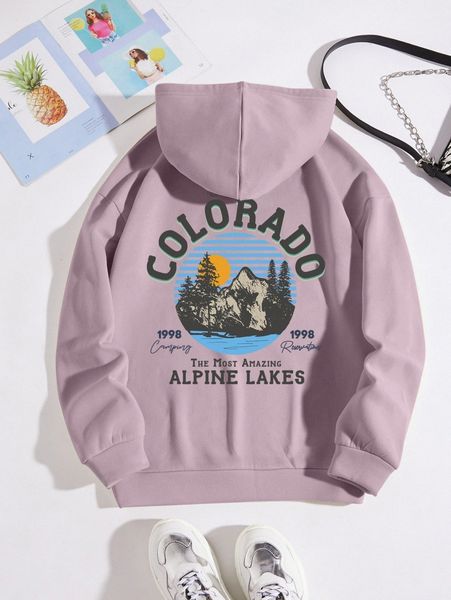 

mountain & letter graphic drawstring thermal hoodie c3fh#, White;black