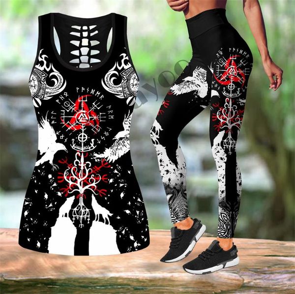 

women's leggings viking raven tattoo 3d printed hollow tank & set fitness female full length comfortable yoga pants lkb-03, Black