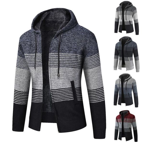 

men's sweaters hooded knitwear autumn winter thick fleece sweater coat loose casual large size jacket long sleeve striped cardigan, White;black