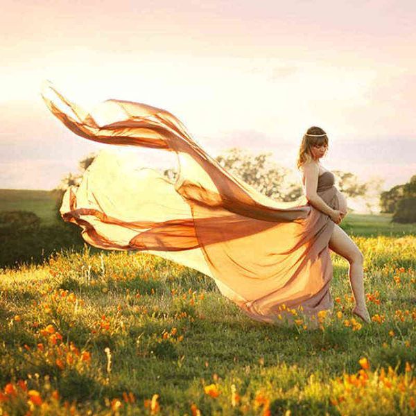 

chiffon long train maternity pgraphy props outfit slit front stretchy off-the-shoulder pregnancy p shoot long dress aa220309, White