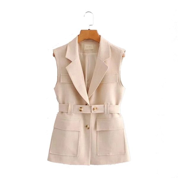 

elegant tooling style women fashion solid color single-breasted belt vest coat vintage sleeveless outerwear female chic 210817, Black;white