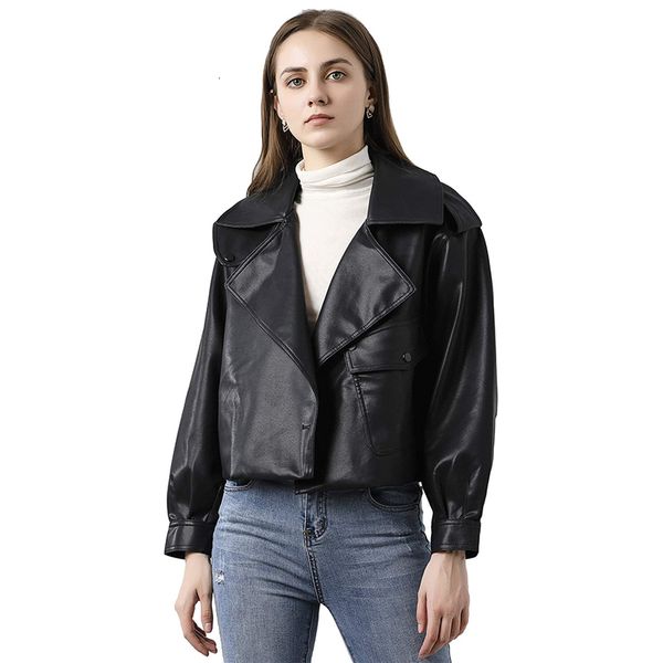 

2021 new autumn turndown collar soft faux leather short jacket women loose streetwear punk pu coat motorcycle biker outerwear lwlc, Black