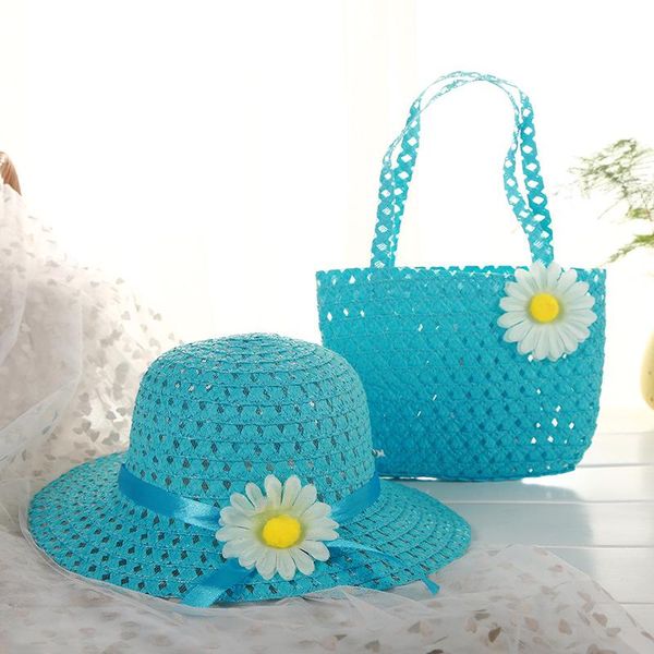 

wide brim hats 2021 summer elementary school student children beach set straw hat children's holiday travel bags gorras, Blue;gray