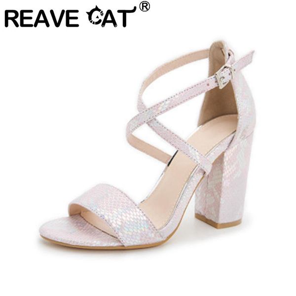 

reave cat new 2021 women sandals open toe high block heels classic buckle bling elegent big size 36-41 casual date a3941, Black