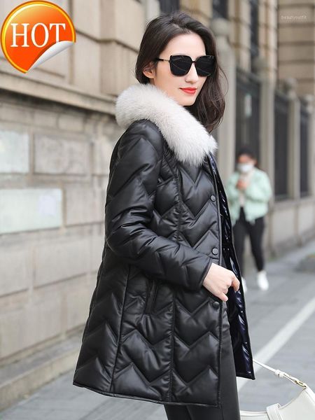 

show thin 2021 winter haining leather down jacket women's middle and long sheepskin coat fur collar & faux, Black
