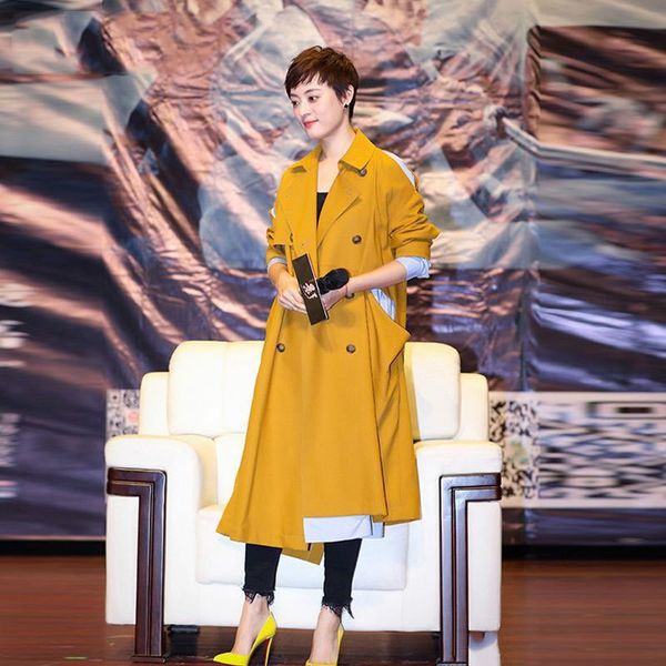 

women's trench coats autumn and winter the latest clothing ginger windbreaker female long in loose stitching double-breasted coat, Tan;black