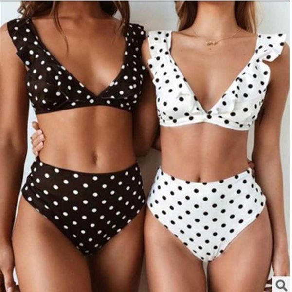 

ruffle deep v bikini swimsuit black and white polka dot print sexy, Red;black