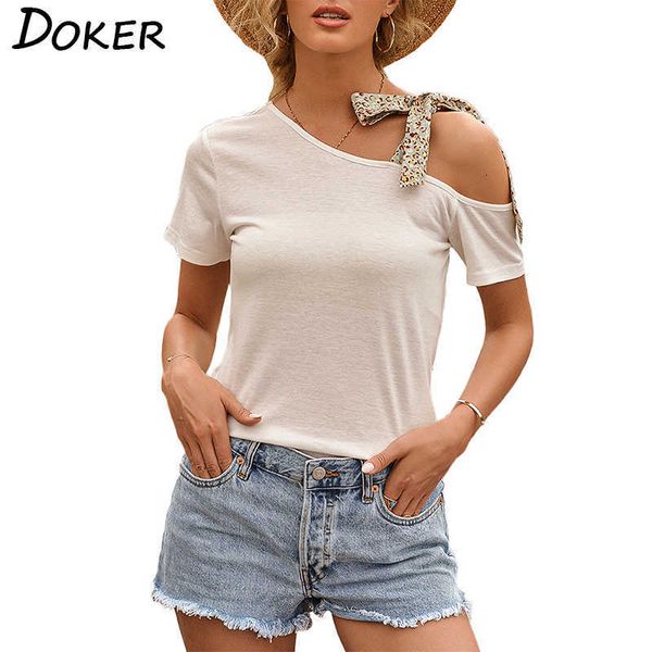 

skew collar shoulder strap solid color short sleeve women t shirt summer slim casual streetwear female tee 210604, White