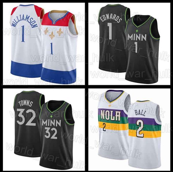

new orleans pelicans zion 1 williamson lonzo 2 ball garnett anthony edwards karl-anthony 32 towns minnesota timberwolves jerseys, Black;red