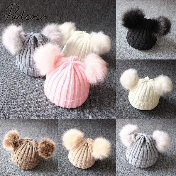 

caps & hats 2021 brand born baby kids girls boys winter warm knit hat furry balls pompom solid cute lovely beanie cap gifts, Yellow