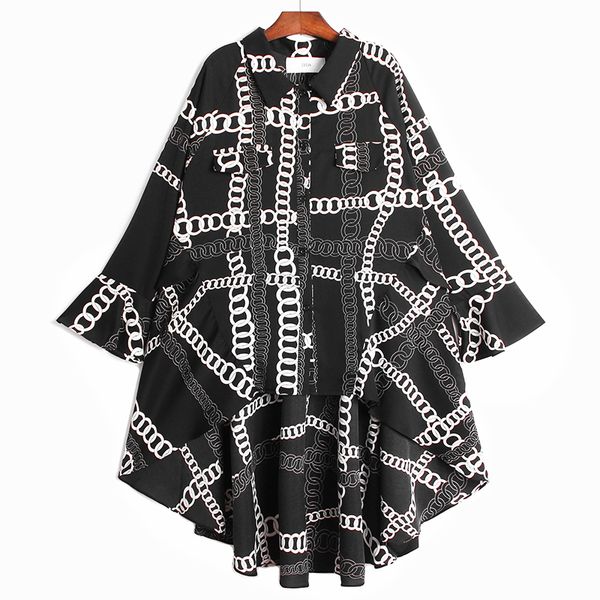 

2021 new bead chain printed chiffon shirts loose plus size short before and long after blouse women qm0t, White;black