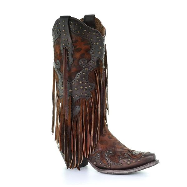 

boots women leopard stud fringe cowgirl snip toe, Black