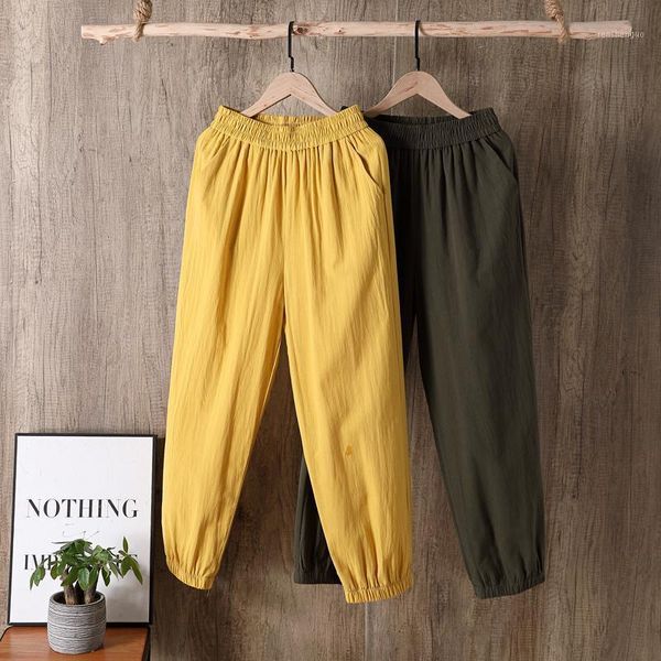 

100% cotton linen harem pants women big size elastic high waist vintage ankle length trousers female retro pockets spring summer women', Black;white