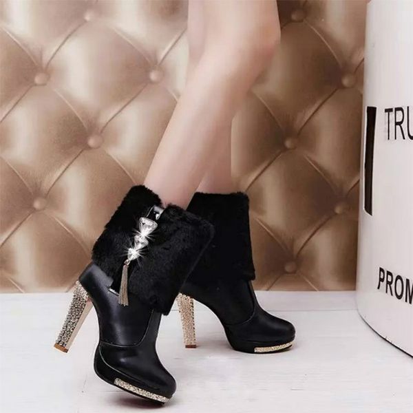

high heels snow boots women leather platform plush ladies winter shoes warm fur ankle boots for women botas mujer 2019 fashion, Black