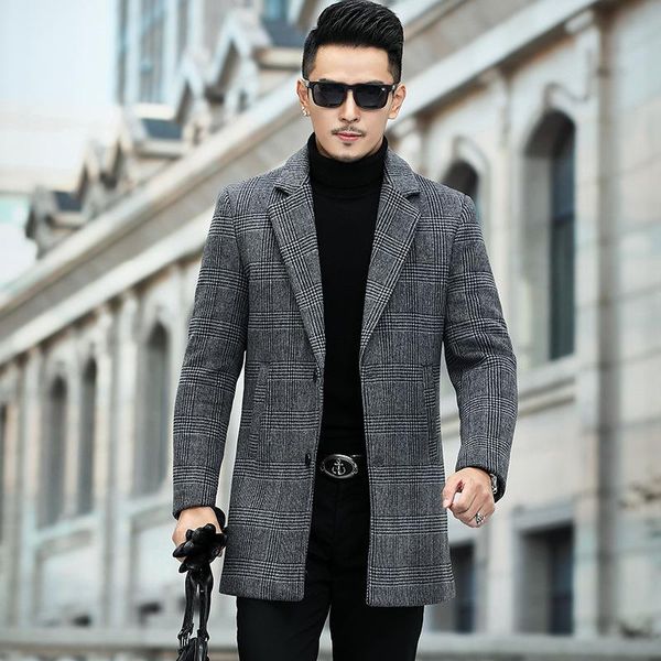 

men's wool & blends coat medium and long autumn winter check fabric windmill single breasted youth casual, Black