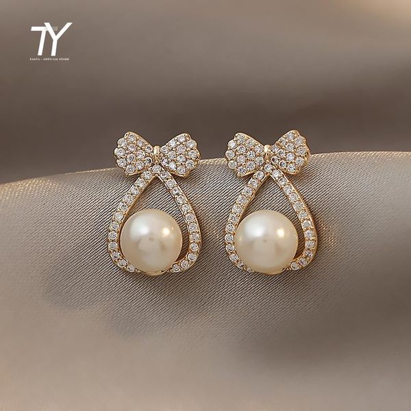 

dangle & chandelier elegant and exquisite zircon bow pearl drop earrings for woman 2021 korean fashion jewelry party girl temperament, Silver