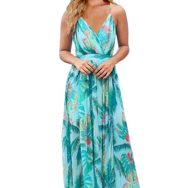

casual dresses j60d women summer spaghetti strap wrap v-neck backless maxi dress bohemian tropical leaves floral print beach sling sundress, Black;gray