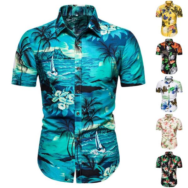 

men's casual shirts beach men summer vacation camisas para hombre coconut tree printed short sleeve button down hawaiian for -2xl, White;black