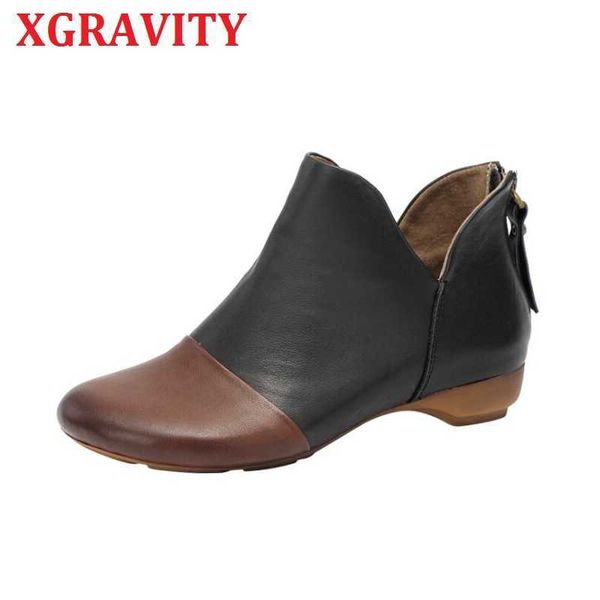

xgravity soft hand-made lady cow genuine leather ankle boots zipper designer round toe boots woman winter v cut shoes s036 210429, Black