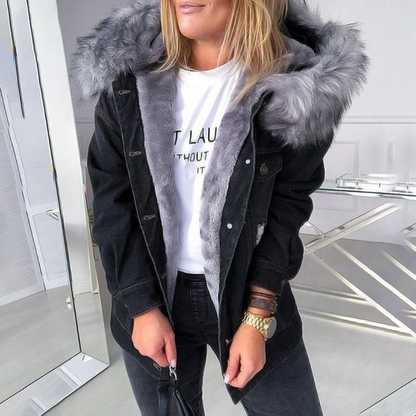 

women's jackets faux fur hooded jean jacket woman stylish parka retro plush collar denim coat thick long sleeve frayed overcoat vintage, Black;brown