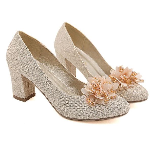 

dress shoes women pumps thick high heels silver sequined cloth slip on 7cm round toe office & career party wedding flower, Black