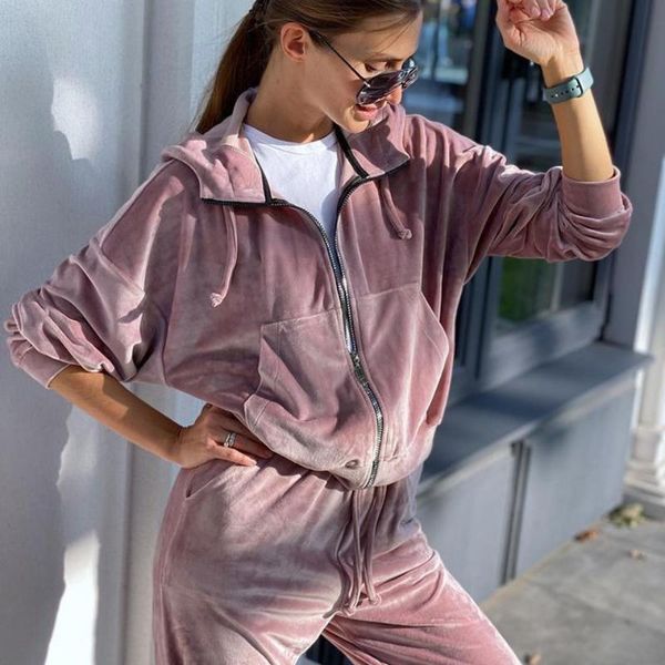 

women's two piece pants autumn velvet hooded sweater two-piece suit women casual street pocket zipper drop shoulder long-sleeved high-w, White