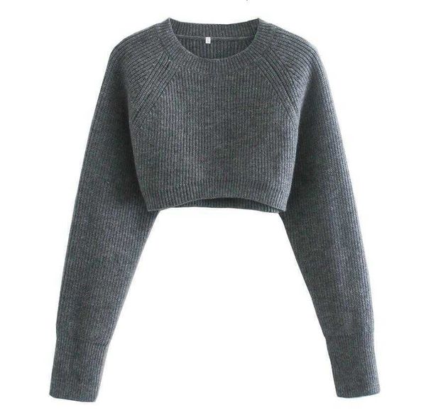 

women's sweaters women round collar ribbed cropped knitting sweater vintage high waist navel pullover knitwear long slee ihp7, White;black