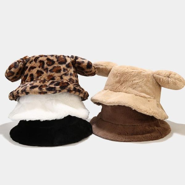 

wide brim hats kawaii big ear hat solid color/ leopard print faux fur cap winter fall warm fisherman trend bucket casual, Blue;gray