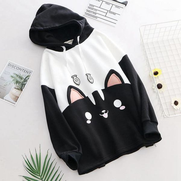 

women winter cartoon embroidery cute hoodies long sleeve velvet thick sweatshirts casual o-neck pullovers1, Black