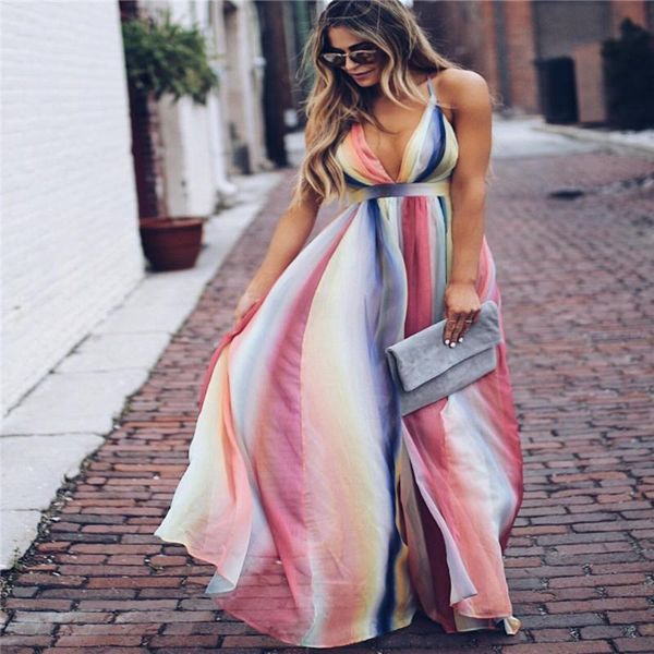 

women v neck split chiffon dress backless strap maxi high waist gradient vinatge beach evening party long casual dresses, Black;gray