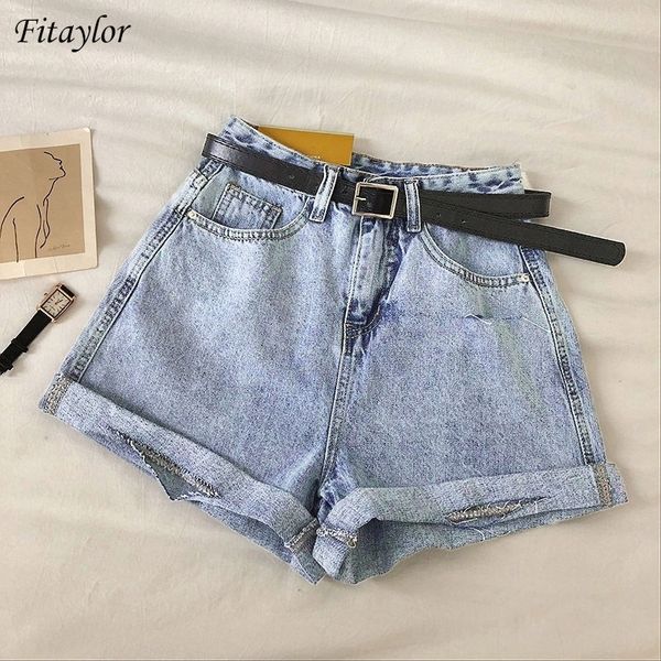 

fitaylor new summer women vintage wide leg hole denim shorts with belt casual female loose solid color blue jeans shorts 210317, White;black
