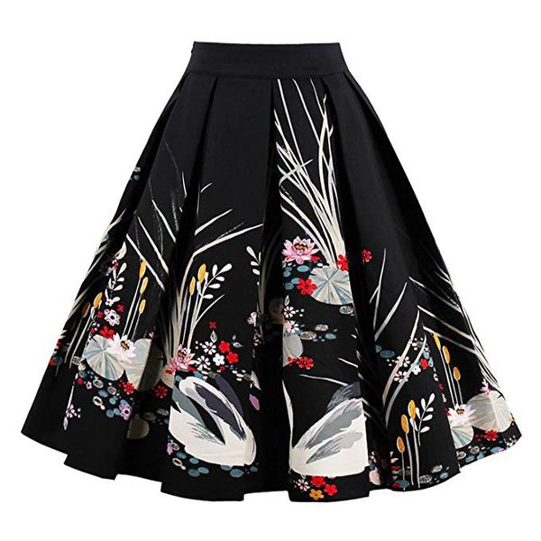 

skirts swan printed a-line pleated skirt with large hem cotton, Black