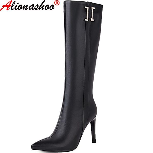 

boots aliona shoo plus size 14 45 women high heel thin woman's shoes for winter fashion knee party footwear, Black