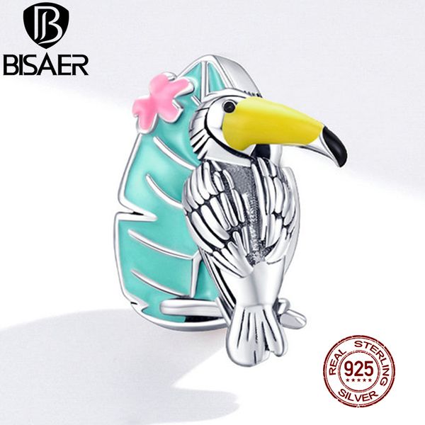 Bisaer Toucan Birds Bears 925 Стерлингового серебра Серебро зеленый эмаль животных подвески кулон подходит DIY браслет ожерелье ювелирные изделия ECC1531 Q0531