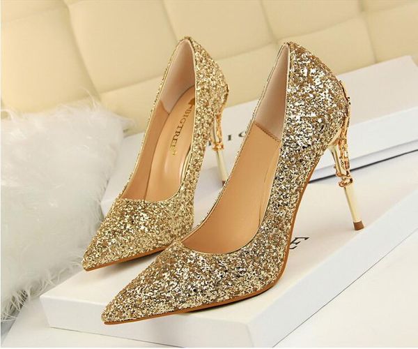 

dress shoes 2021 women 9cm glittery high heels pumps lady sequins party block wedding female valentine nxx61, Black