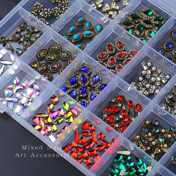 24 Gitter glitzernde 3D-Strasssteine AB, flache Rückseite, glänzende Steine, gemischte Nageldekorationen, Nägel, Edelsteine, Kristall-Zirkon-Perlen