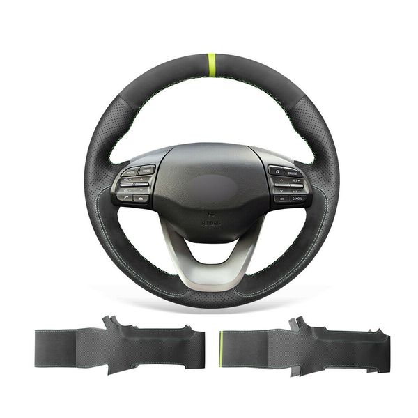 

diy custom soft black leather suede steering wheel cover for hyundai kona