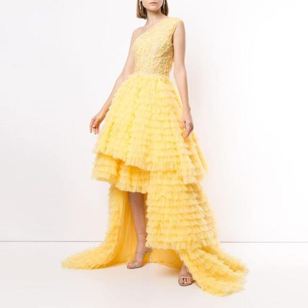 

casual dresses elegant yellow draped tulle high low bridal formal event party one shoulder lace long ruffles prom gowns, Black;gray