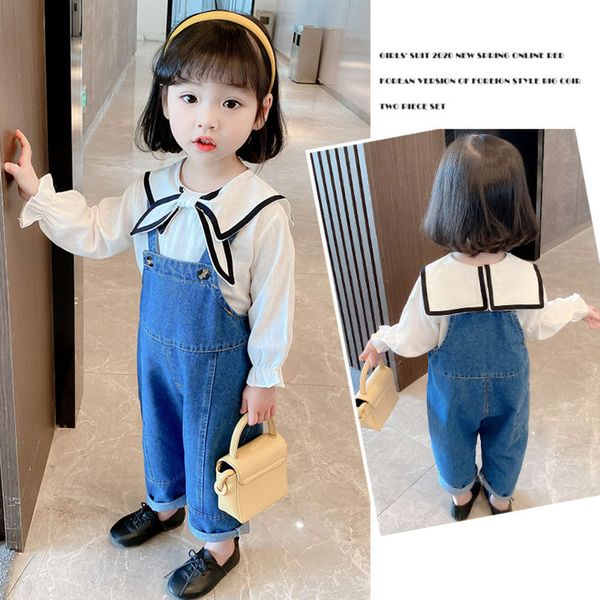

2021 new spring girls' lapel shirt denim suspenders children's two piece set, Blue