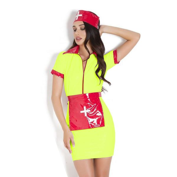 Effetto bagnato in PVC patchwork colore infermiera uniforme cosplay abito sexy + copricapo grembiule da donna costume da festa a tema ospedale di Halloween