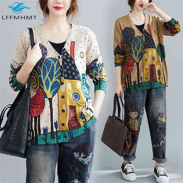 

spring fall women baggy cartoon print knitted sweaters office lady v-neck vintage casual loose cardigan knitwear female clothes 210914, White;black