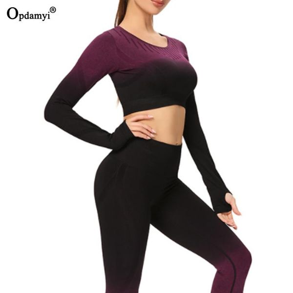 

yoga outfit gradient hollow women seamless fitness set long sleeve high waist leggings gym clothing workout running sports suit 2pcs
