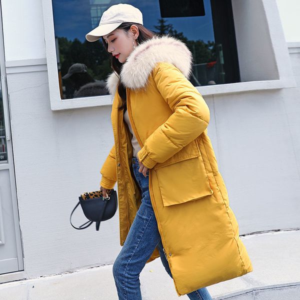 

fashion mid-length down padded jacket women's jacket woman in the park winter coat thick padded coat new big fur collar 201014, Black