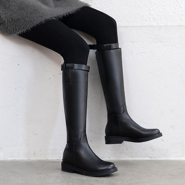 

boots leather buckle strappy women snow shoes winter lady fur booties nubuck knee high female thick heel, Black