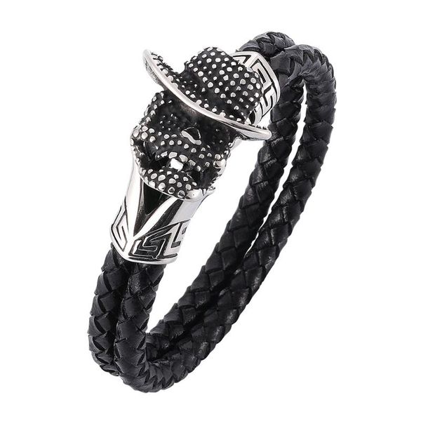

charm bracelets men's leather woven simple bracelet, skull shape stainless steel bracelet, Golden;silver