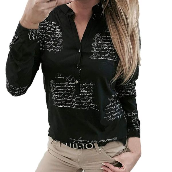 

women blouse shirt v neck letters printing button long sleeve shirt blouse womens clothing femme yj2, White