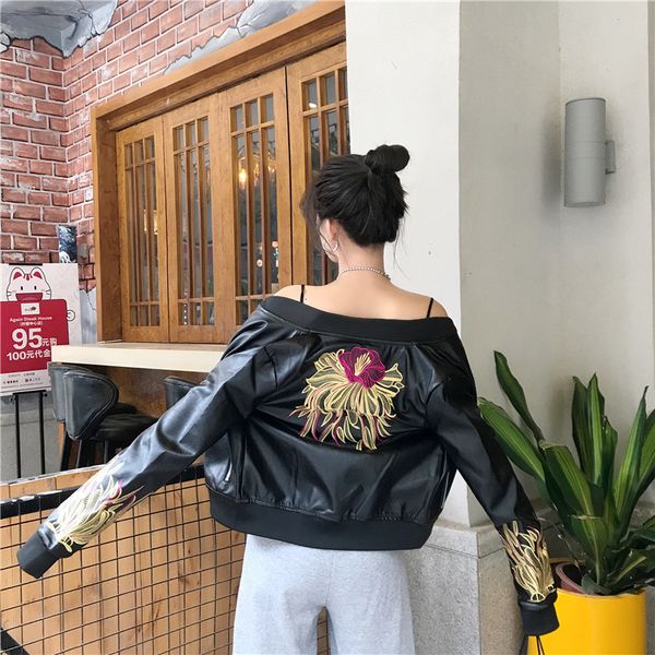 

2021 new women motorcycle embroidery print short faux coat punk style female pu leather jacket autumn outwear w0oe, Black