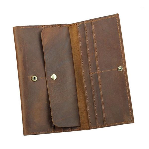 

handmade genuine leather men wallets long money purse retro crazy horse cow wallet phone passport bag buckle card holder1, Red;black
